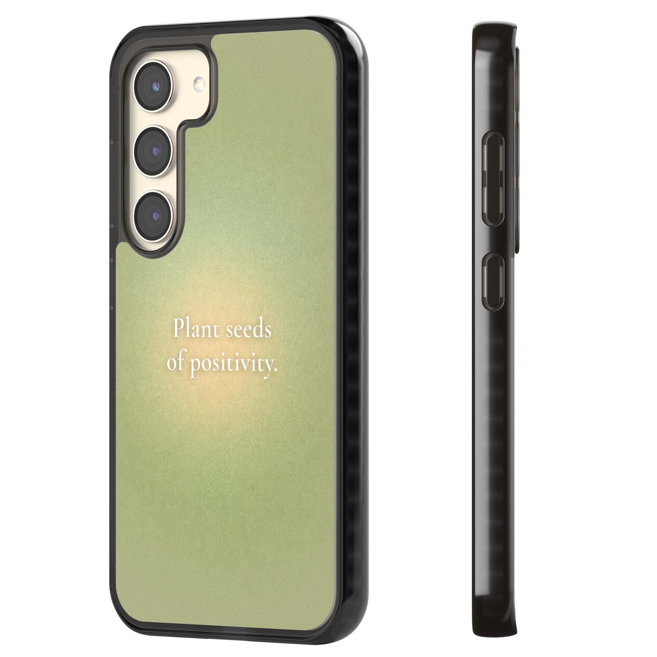 Seeds of Positivity quote iPhone case featuring a sage green aura gradient and golden glow affirmation | Black Impact case for Samsung Galaxy S24, Samsung Galaxy S23, Samsung Galaxy S22
