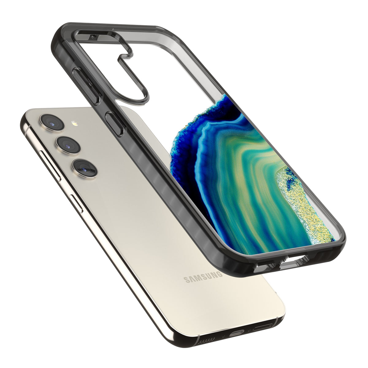 Green & Blue Emerald Geode Samsung S22 / Samsung S22 Plus / Samsung S23 / Samsung S23 Plus / Samsung S24 / Samsung S24 Plus Impact Black Phone Case angled