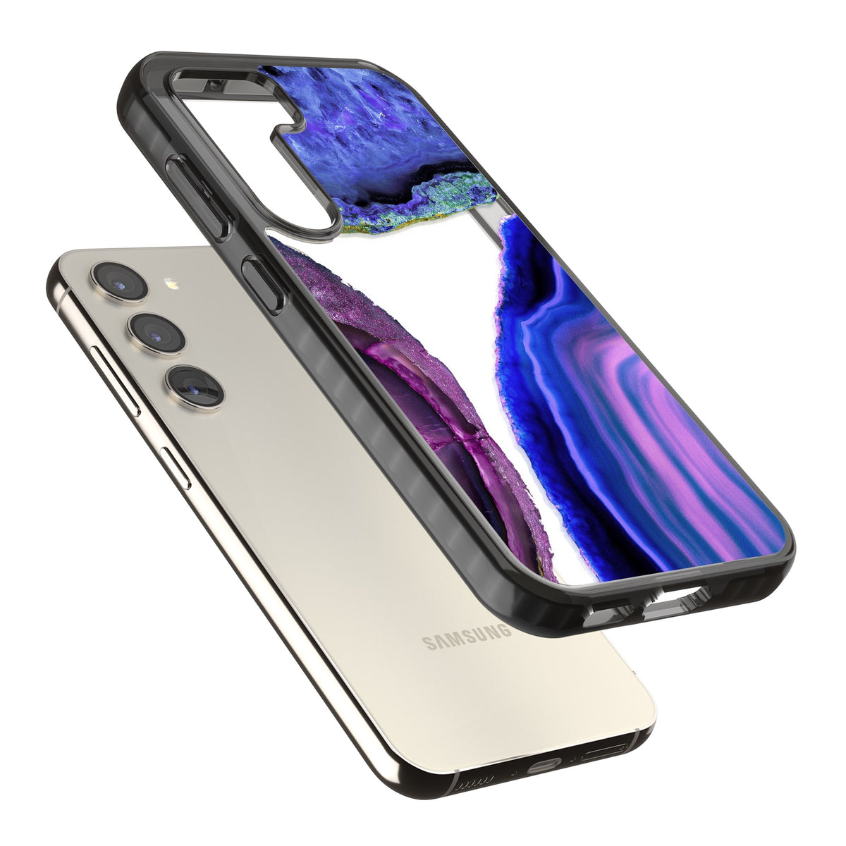 Violet Agate Slice Samsung S22 / Samsung S22 Plus / Samsung S23 / Samsung S23 Plus / Samsung S24 / Samsung S24 Plus Impact Black Phone Case angled