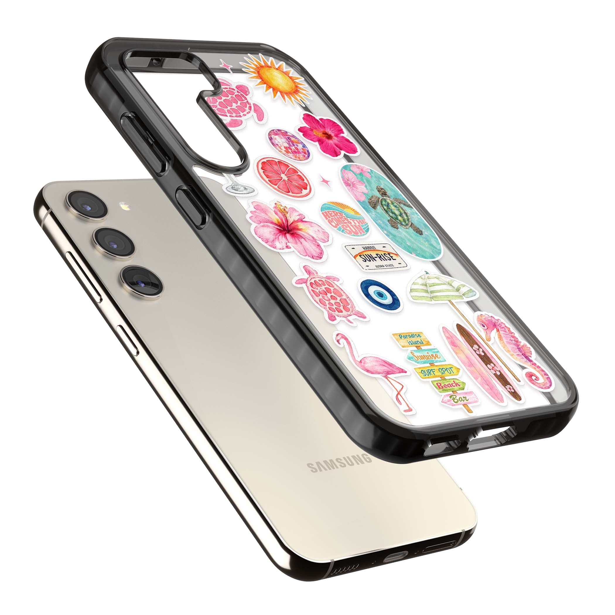 Aloha Sticker Mix tropical summer iPhone case featuring pink hibiscus, sea turtles, flamingo and beach umbrella stickers | Black Impact case for Samsung Galaxy S24, Samsung Galaxy S23, Samsung Galaxy S22