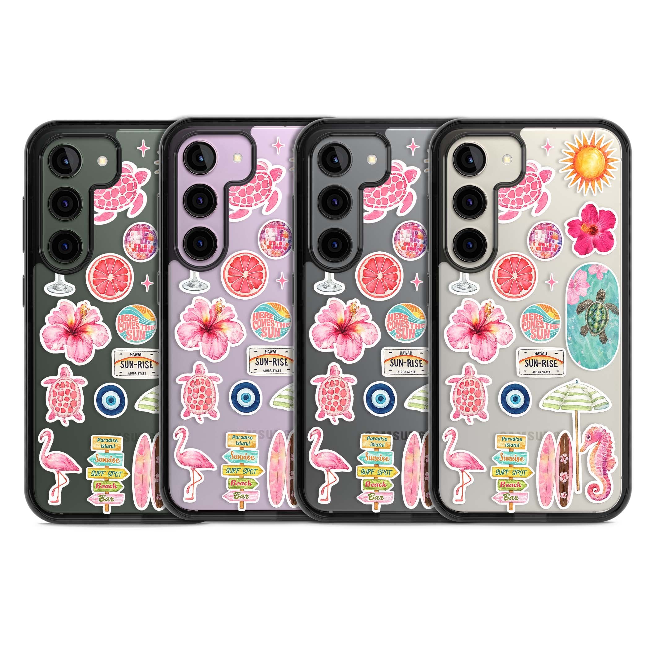 Aloha Sticker Mix tropical summer iPhone case featuring pink hibiscus, sea turtles, flamingo and beach umbrella stickers | Black Impact case for Samsung Galaxy S24, Samsung Galaxy S23, Samsung Galaxy S22