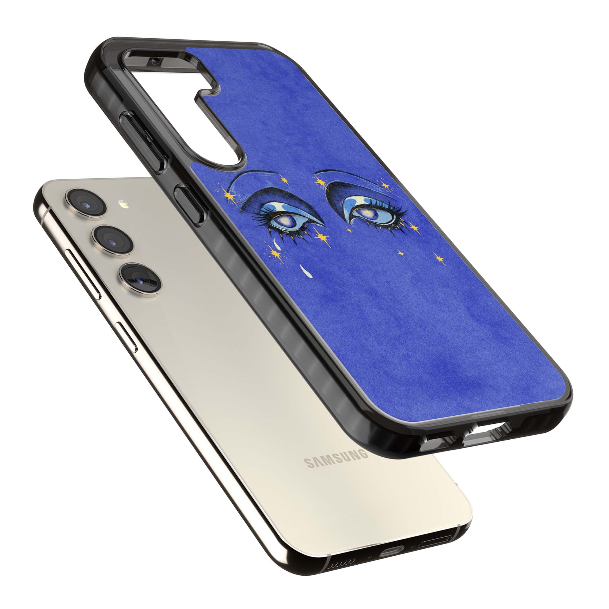 Blue Mystic Eyes celestial iPhone case featuring hand drawn blue mystical eyes, golden stars and a painted tear on indigo | Black Impact case for Samsung Galaxy S24, Samsung Galaxy S23, Samsung Galaxy S22