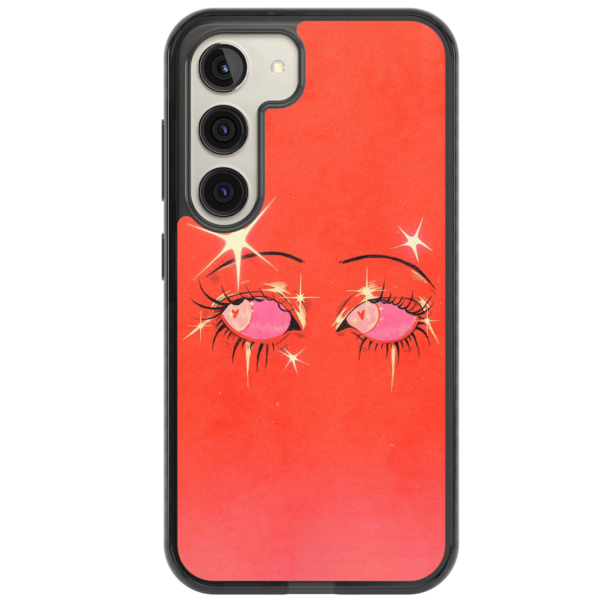 Pink Ethereal Eyes anime iPhone case featuring hand-drawn sparkly eyes with pink hearts and gold stars on red | Black Impact case for Samsung Galaxy S24, Samsung Galaxy S23, Samsung Galaxy S22