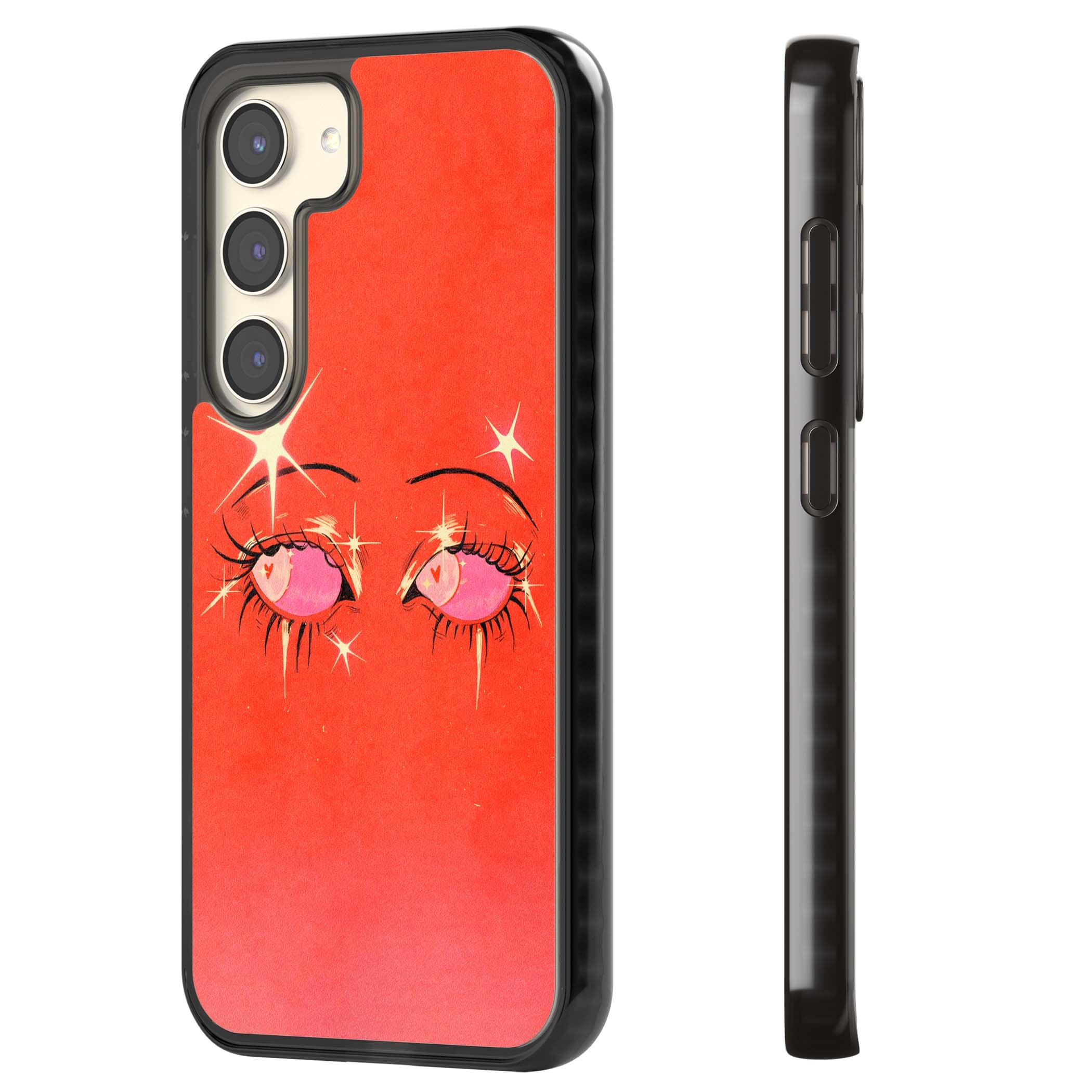 Pink Ethereal Eyes anime iPhone case featuring hand-drawn sparkly eyes with pink hearts and gold stars on red | Black Impact case for Samsung Galaxy S24, Samsung Galaxy S23, Samsung Galaxy S22