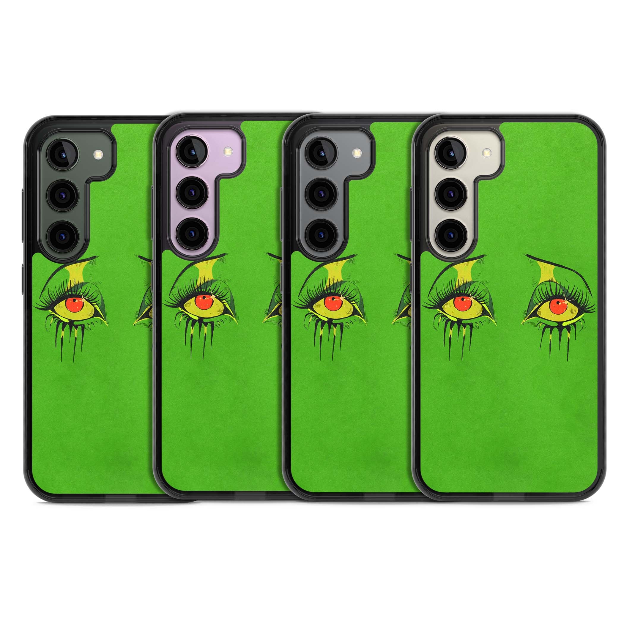 Green Enchanted Eyes psychedelic art iPhone case featuring hand-drawn dripping eyes on neon green background | Black Impact case for Samsung Galaxy S24, Samsung Galaxy S23, Samsung Galaxy S22