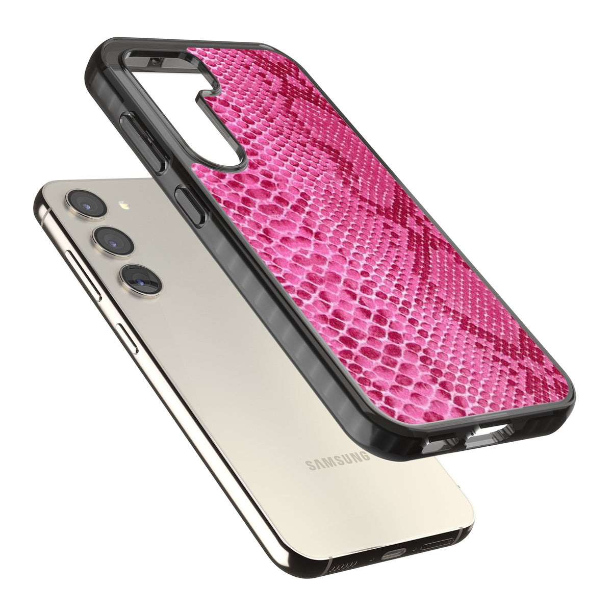 Pink Snakeskin Samsung S22 / Samsung S22 Plus / Samsung S23 / Samsung S23 Plus / Samsung S24 / Samsung S24 Plus Impact Black Phone Case angled