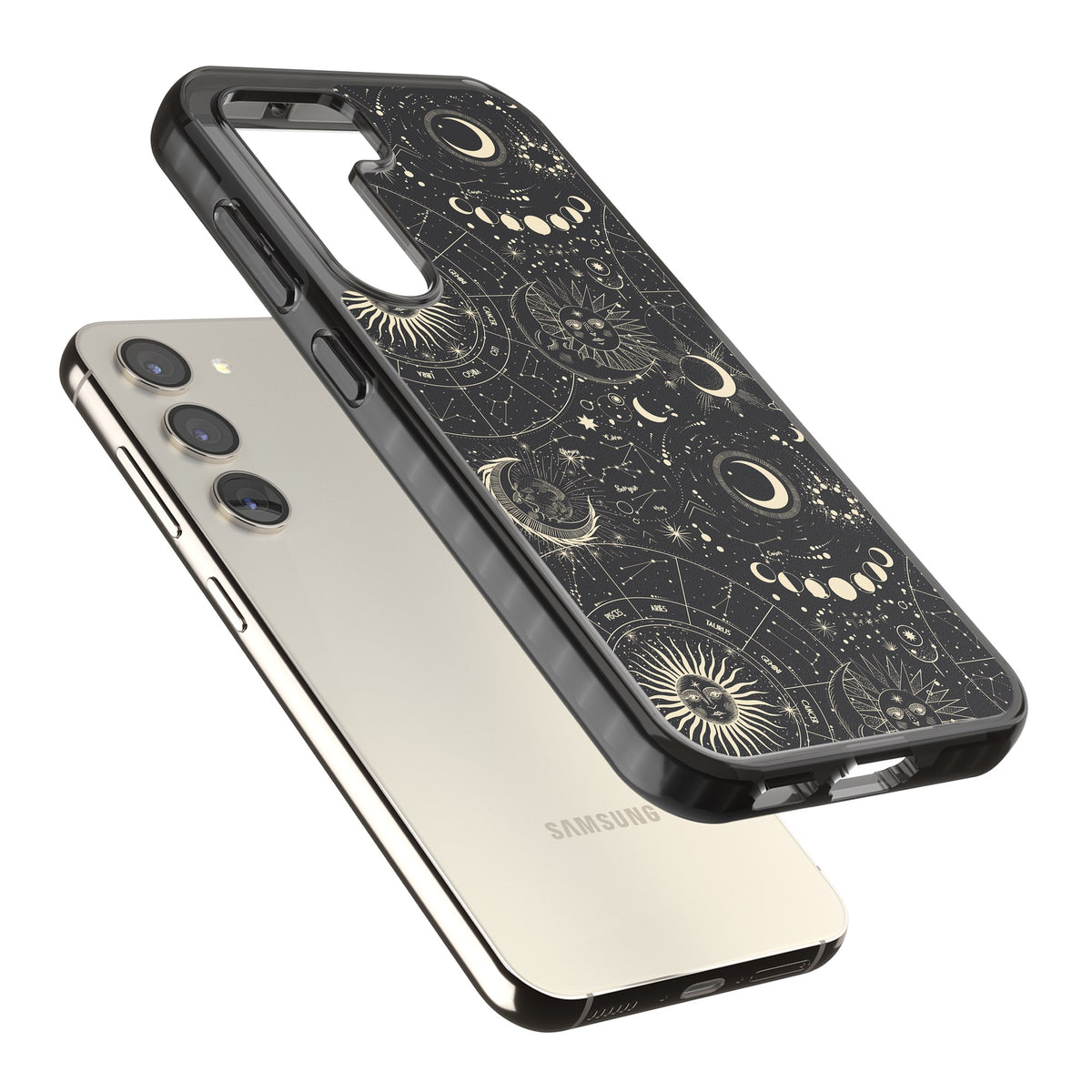 Celestial Cipher Samsung S22 / Samsung S22 Plus / Samsung S23 / Samsung S23 Plus / Samsung S24 / Samsung S24 Plus Impact Black Phone Case angled