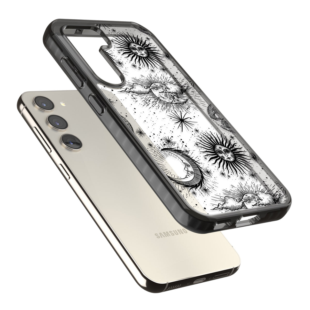 Suns, Moons & Clouds Samsung S22 / Samsung S22 Plus / Samsung S23 / Samsung S23 Plus / Samsung S24 / Samsung S24 Plus Impact Black Phone Case angled