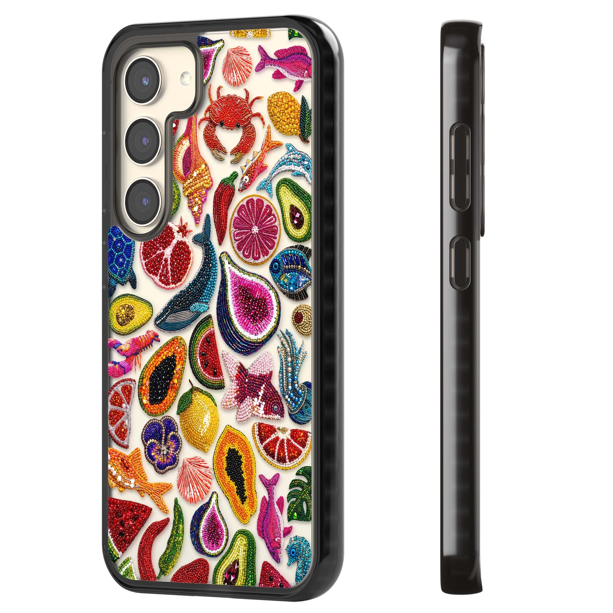 Beaded Tropic tropical iPhone case featuring beaded fruit, fish, crabs and seashells in vibrant colour | Black Impact case for Samsung Galaxy S24, Samsung Galaxy S23, Samsung Galaxy S22