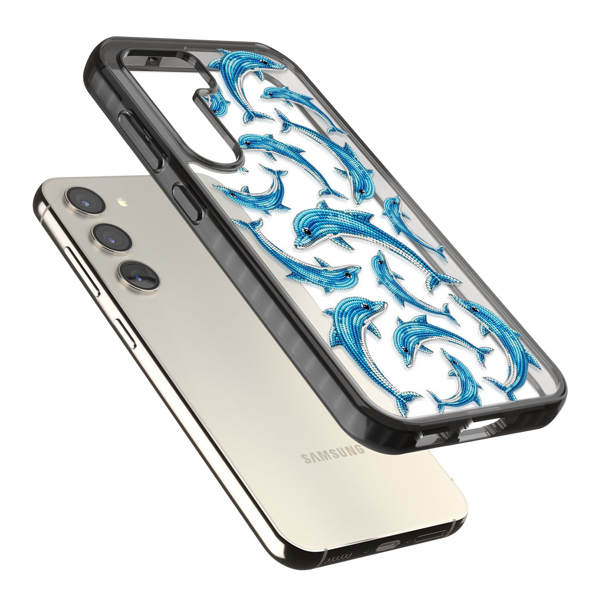 Beaded Dolphins Samsung S22 / Samsung S22 Plus / Samsung S23 / Samsung S23 Plus / Samsung S24 / Samsung S24 Plus Impact Black Phone Case angled