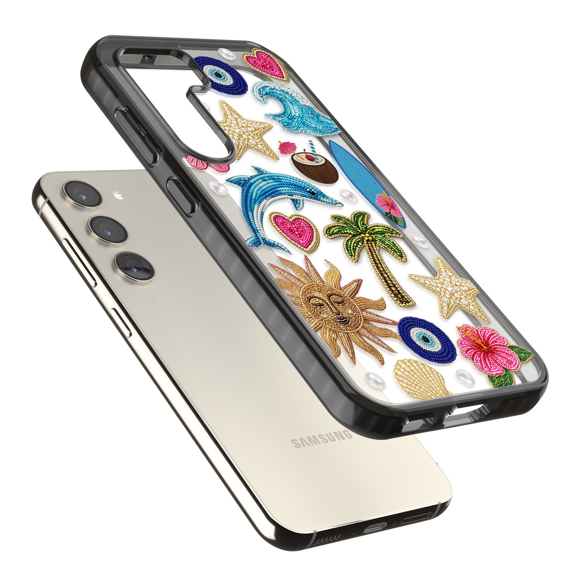 Beaded Beach Samsung S22 / Samsung S22 Plus / Samsung S23 / Samsung S23 Plus / Samsung S24 / Samsung S24 Plus Impact Black Phone Case angled
