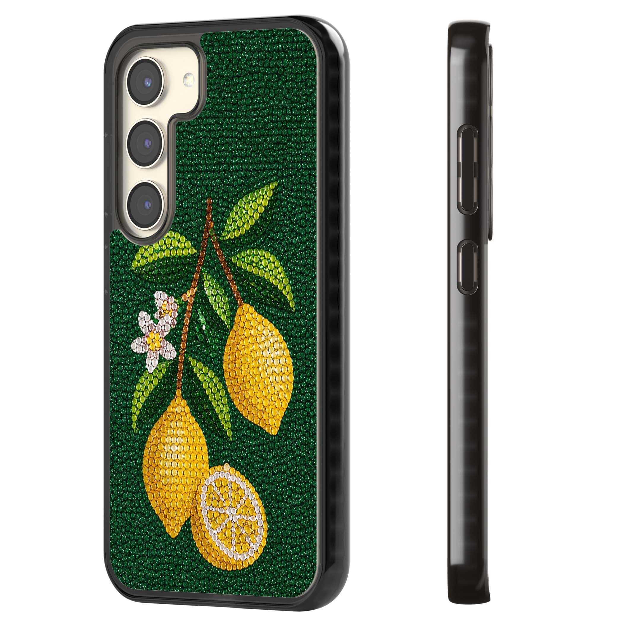 Beaded Lemons coastal iPhone case featuring crystal-beaded lemons, citrus blossom and green leaves on emerald ground | Black Impact case for Samsung Galaxy S24, Samsung Galaxy S23, Samsung Galaxy S22