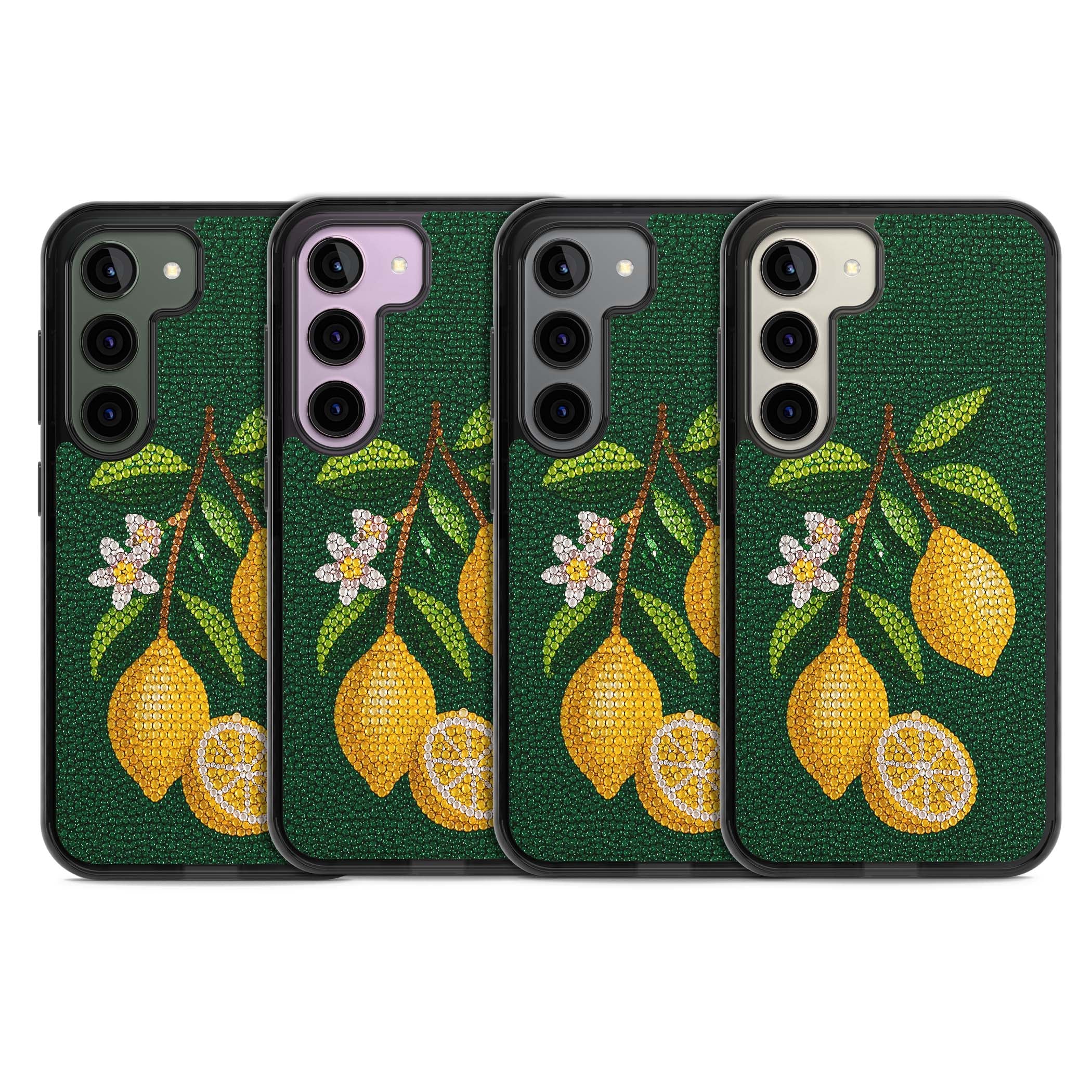 Beaded Lemons coastal iPhone case featuring crystal-beaded lemons, citrus blossom and green leaves on emerald ground | Black Impact case for Samsung Galaxy S24, Samsung Galaxy S23, Samsung Galaxy S22