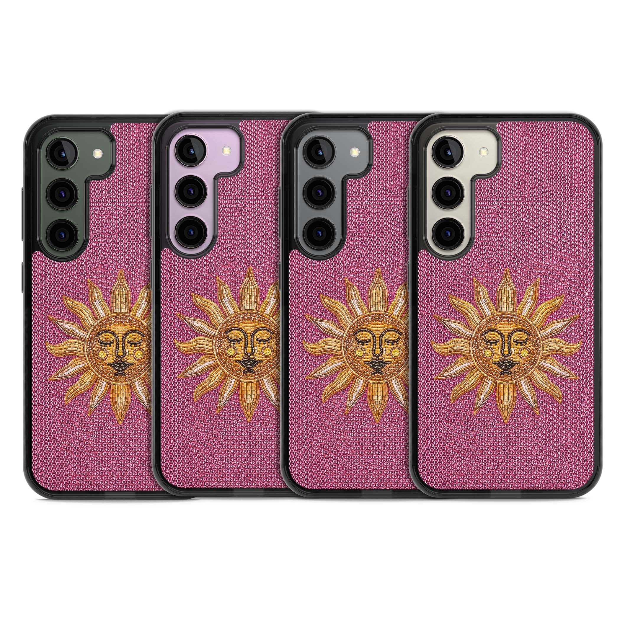 Beaded Sun celestial iPhone case featuring a golden beaded sun face with radiant rays on hot pink beaded background | Black Impact case for Samsung Galaxy S24, Samsung Galaxy S23, Samsung Galaxy S22