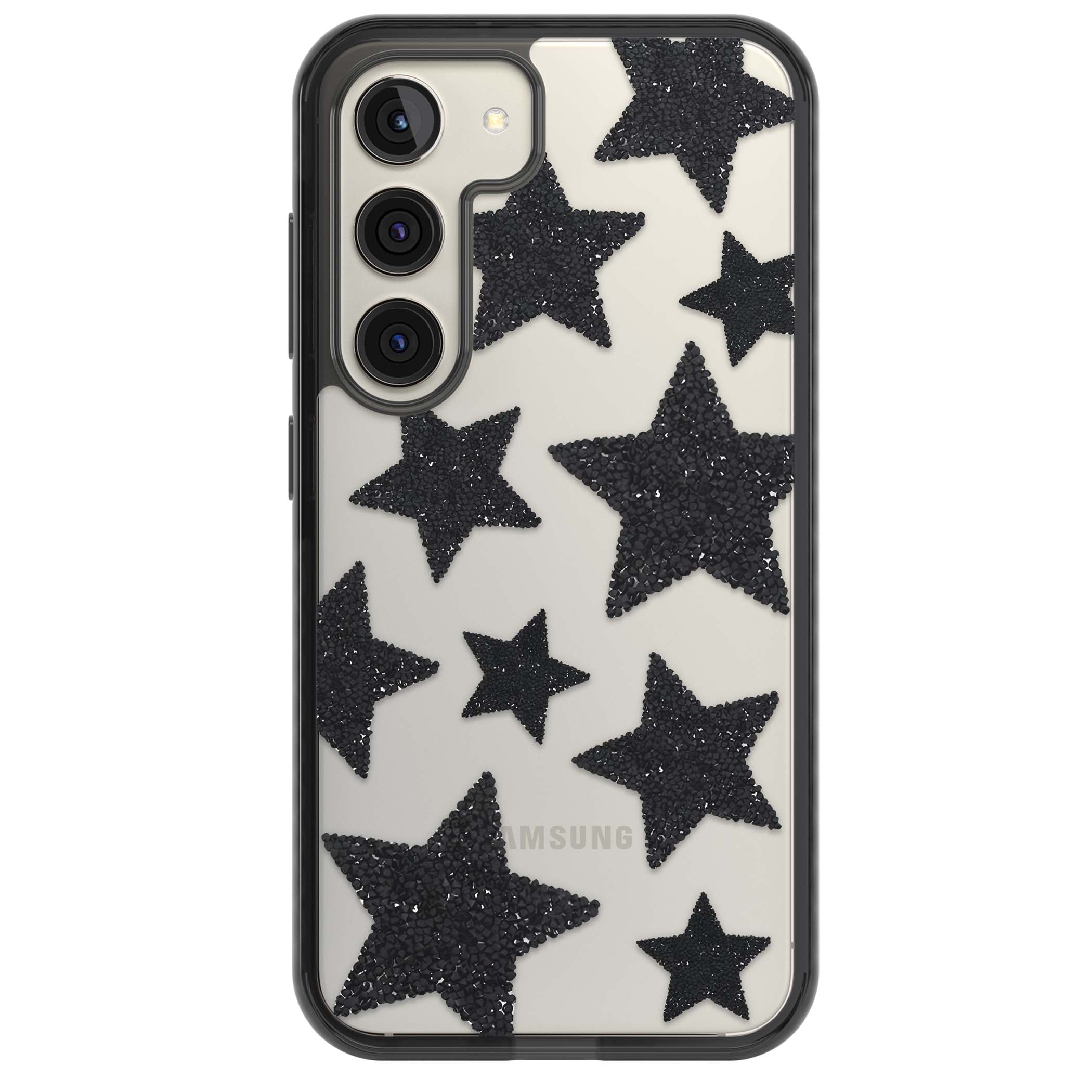 Beaded Black Stars celestial iPhone case featuring black glitter beaded stars scattered on a clear background | Black Impact case for Samsung Galaxy S24, Samsung Galaxy S23, Samsung Galaxy S22