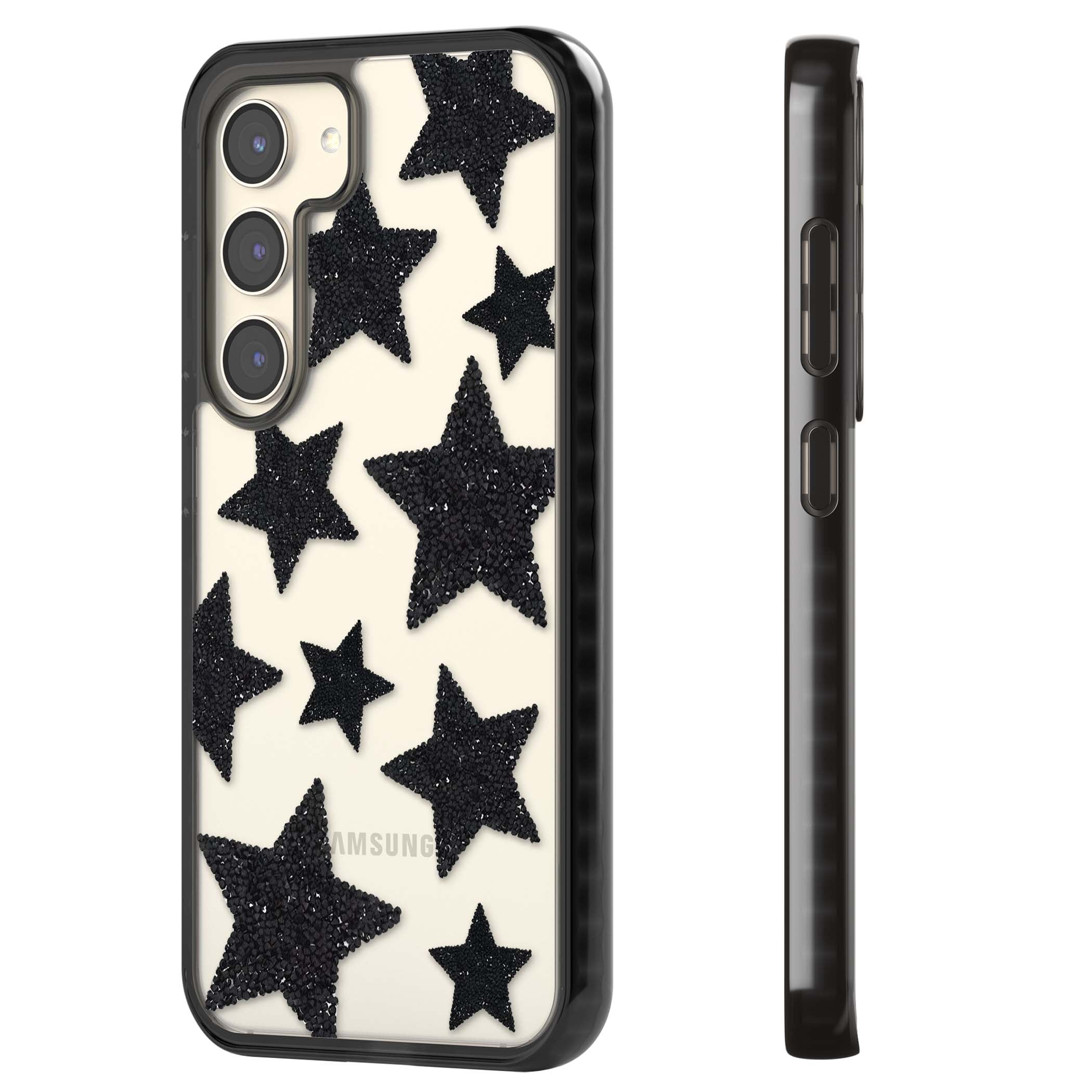 Beaded Black Stars celestial iPhone case featuring black glitter beaded stars scattered on a clear background | Black Impact case for Samsung Galaxy S24, Samsung Galaxy S23, Samsung Galaxy S22