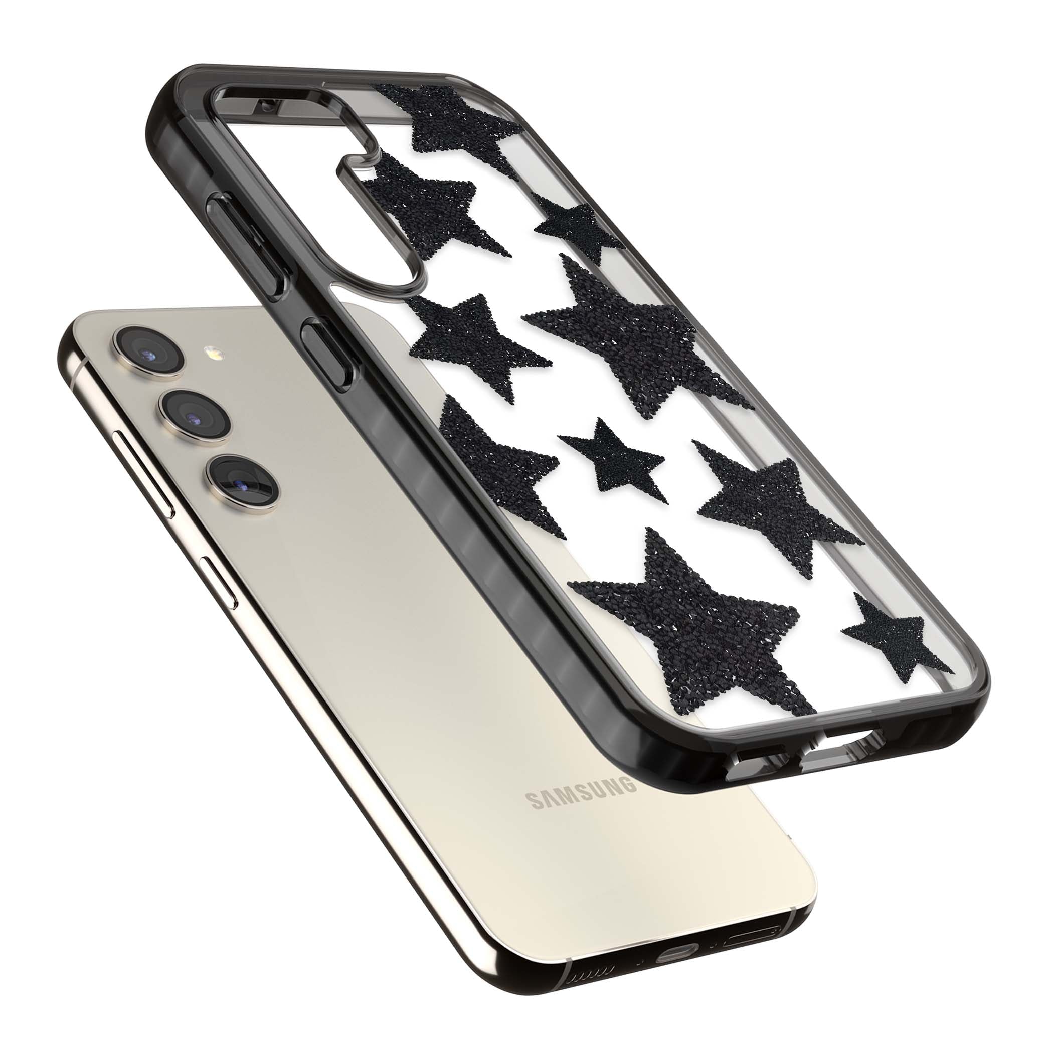 Beaded Black Stars celestial iPhone case featuring black glitter beaded stars scattered on a clear background | Black Impact case for Samsung Galaxy S24, Samsung Galaxy S23, Samsung Galaxy S22