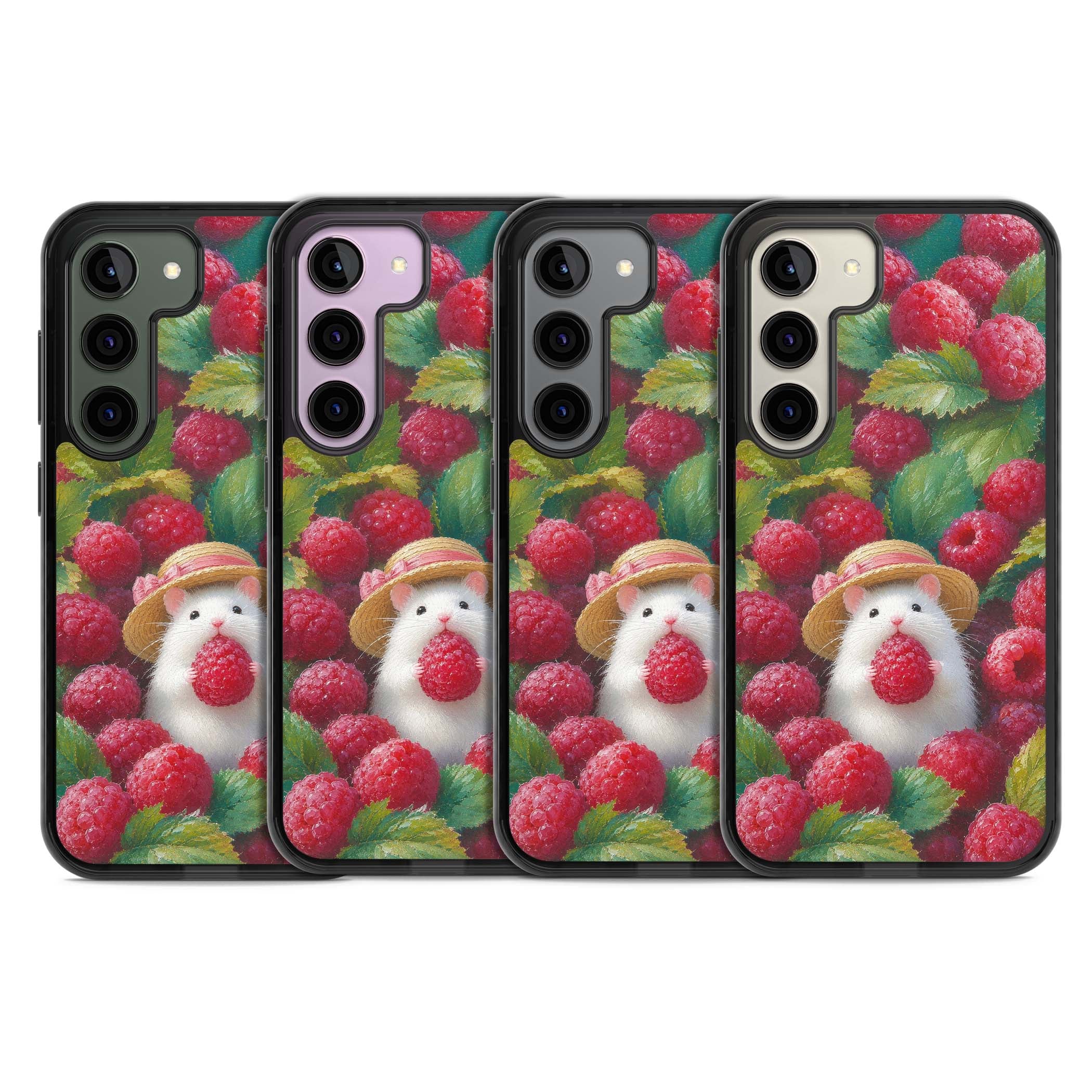 Berry Forager cottagecore iPhone case featuring a white hamster in a straw hat holding a raspberry surrounded by ripe ber | Black Impact case for Samsung Galaxy S24, Samsung Galaxy S23, Samsung Galaxy S22