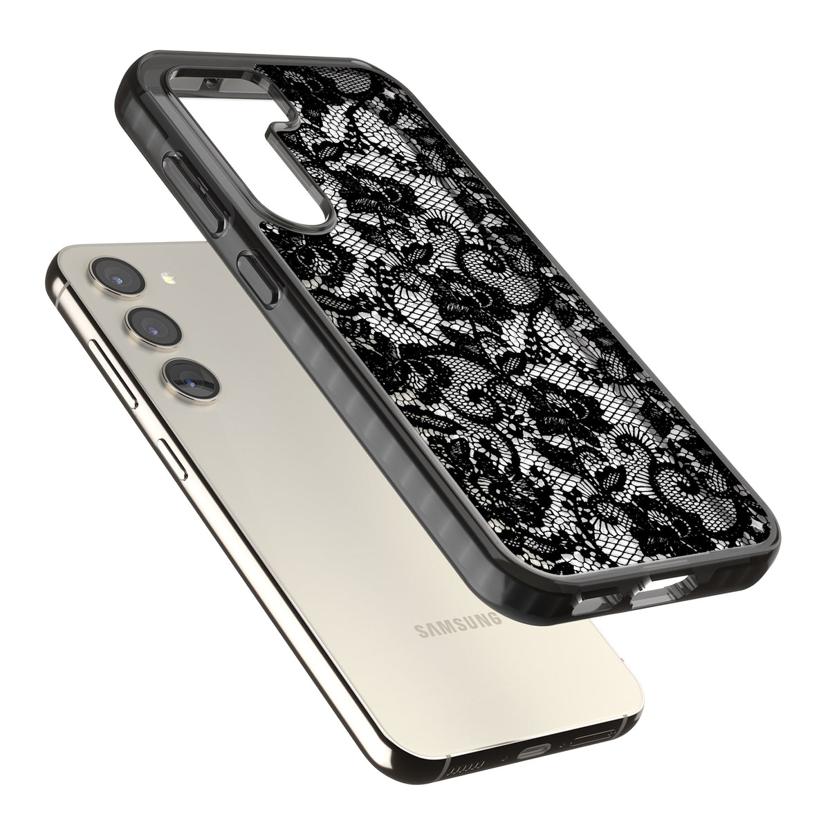 Black Lace Samsung S22 / Samsung S22 Plus / Samsung S23 / Samsung S23 Plus / Samsung S24 / Samsung S24 Plus Impact Black Phone Case angled