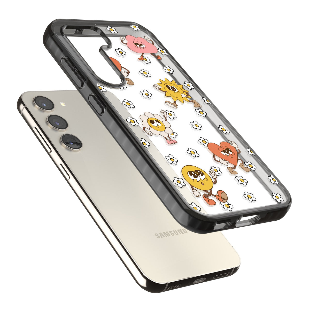 Daisies & Friends Samsung S22 / Samsung S22 Plus / Samsung S23 / Samsung S23 Plus / Samsung S24 / Samsung S24 Plus Impact Black Phone Case angled