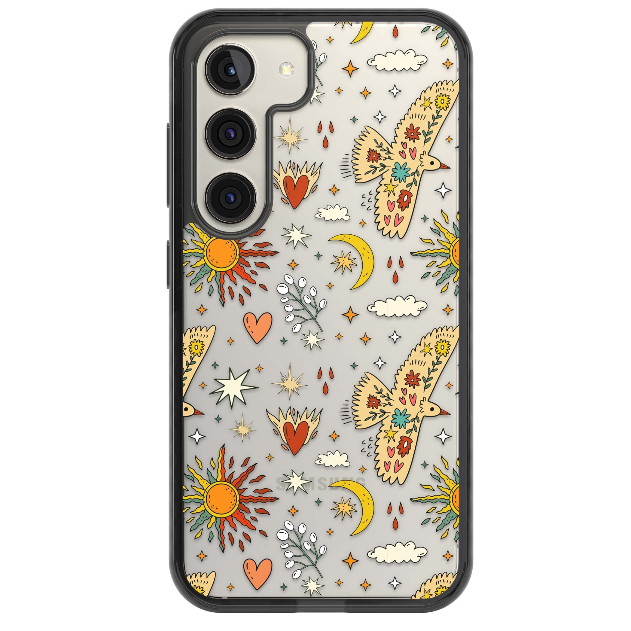 Elevate Your Phone'S Style With This Boho Celestial Sun & Eye Phone Case, Featuring A Mystical Blend Of Suns, All-Seeing Eyes, Butterflies, Stars, And