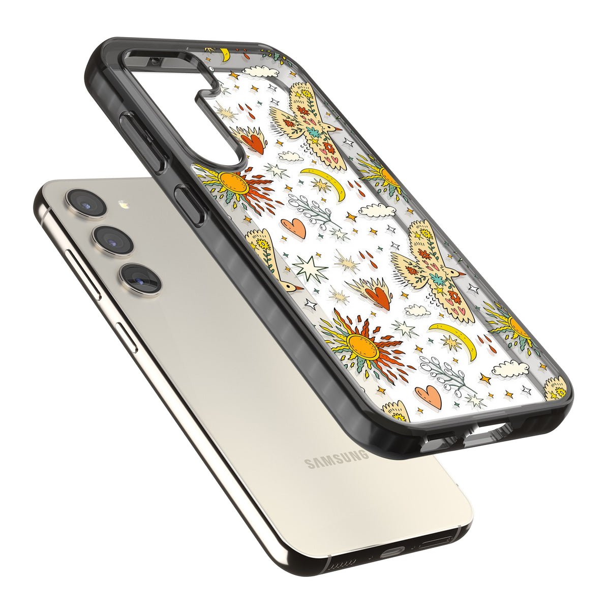 Boho Mystic Birds Samsung S22 / Samsung S22 Plus / Samsung S23 / Samsung S23 Plus / Samsung S24 / Samsung S24 Plus Impact Black Phone Case angled