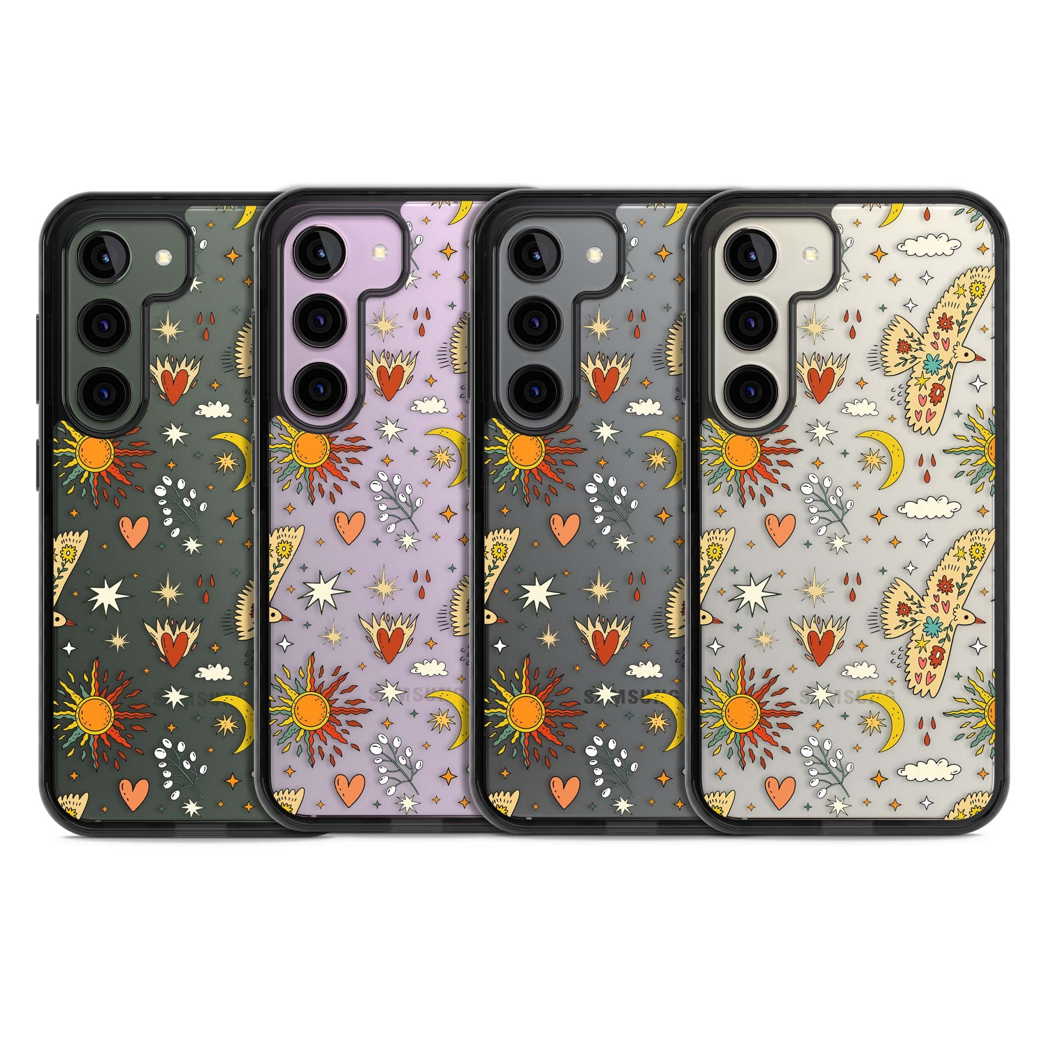 Elevate Your Phone'S Style With This Boho Celestial Sun & Eye Phone Case, Featuring A Mystical Blend Of Suns, All-Seeing Eyes, Butterflies, Stars, And