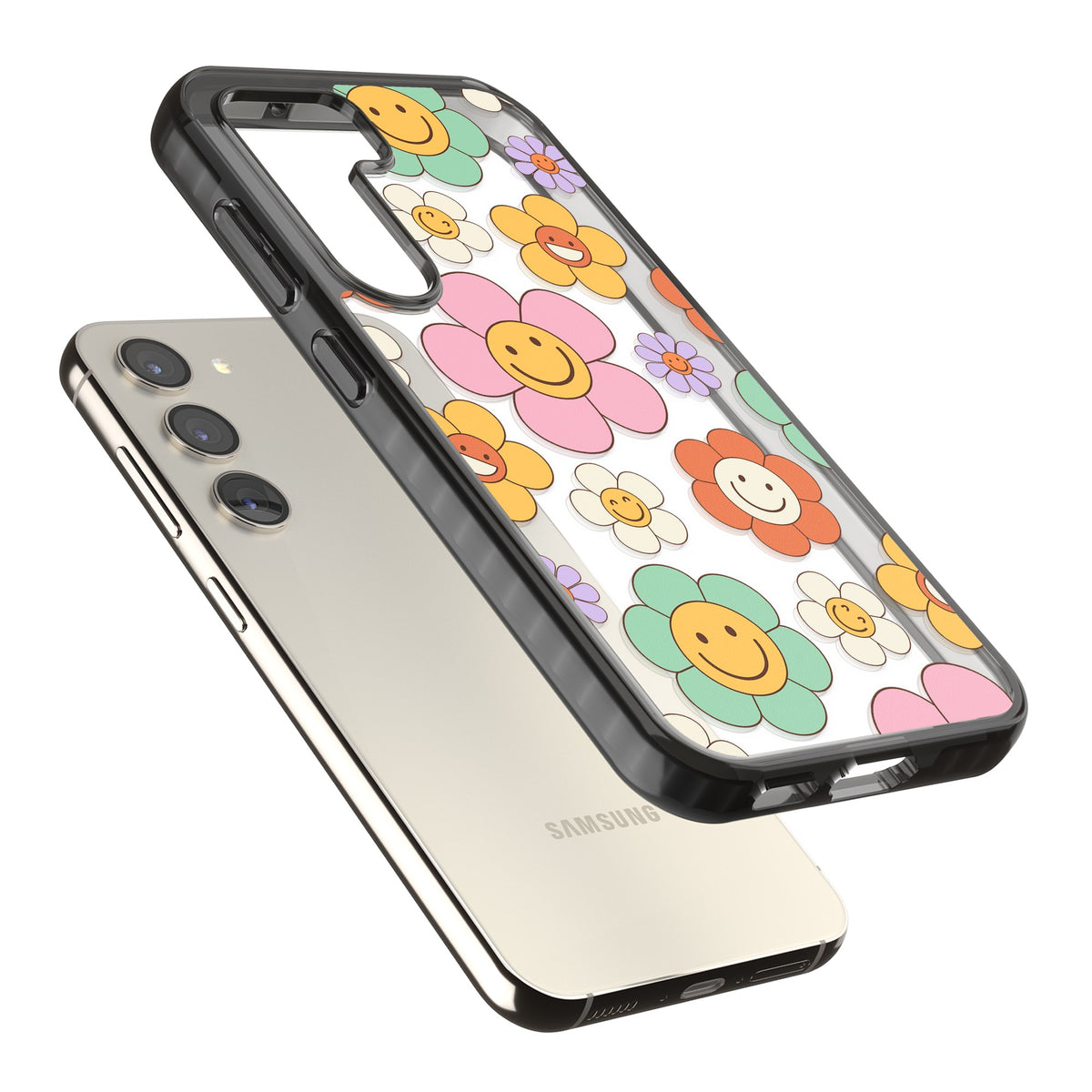 Happy Blossoms Samsung S22 / Samsung S22 Plus / Samsung S23 / Samsung S23 Plus / Samsung S24 / Samsung S24 Plus Impact Black Phone Case angled