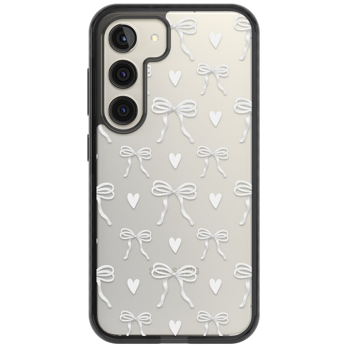 White Bows & Hearts Samsung S22 / Samsung S22 Plus / Samsung S23 / Samsung S23 Plus / Samsung S24 / Samsung S24 Plus Impact Black Phone Case front