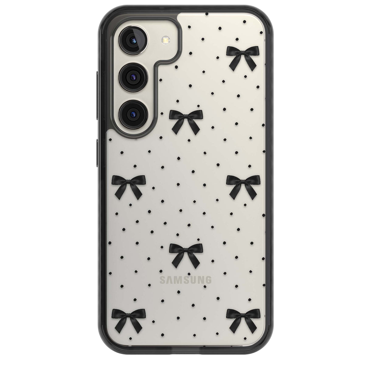Black Polka Bows coquette iPhone case featuring scattered black satin bows and tiny polka dots on a clear base | Black Impact case for Samsung Galaxy S24, Samsung Galaxy S23, Samsung Galaxy S22