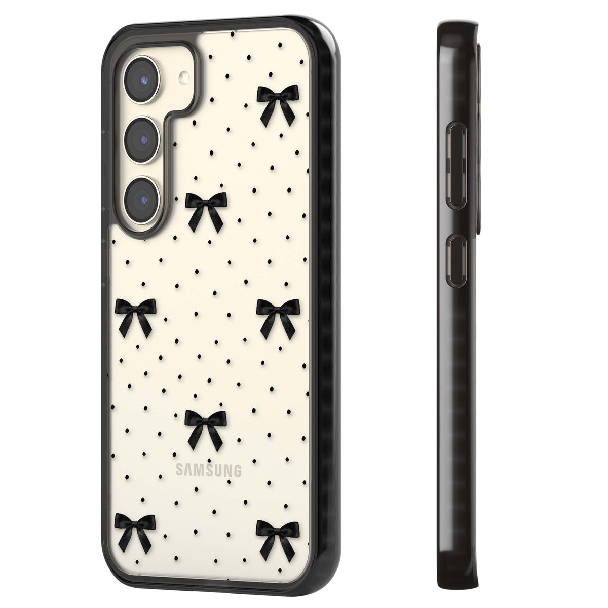 Black Polka Bows coquette iPhone case featuring scattered black satin bows and tiny polka dots on a clear base | Black Impact case for Samsung Galaxy S24, Samsung Galaxy S23, Samsung Galaxy S22