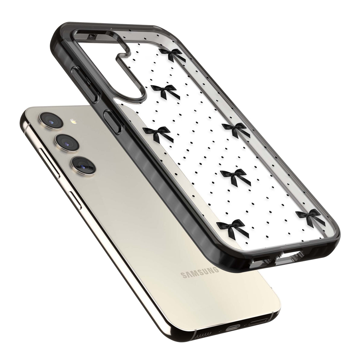 Black Polka Bows coquette iPhone case featuring scattered black satin bows and tiny polka dots on a clear base | Black Impact case for Samsung Galaxy S24, Samsung Galaxy S23, Samsung Galaxy S22