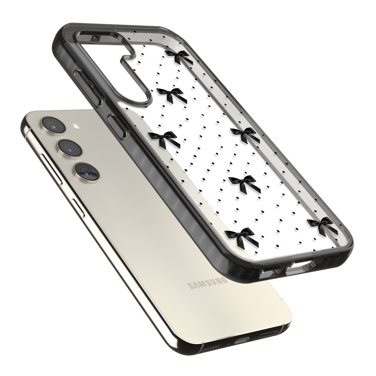 Black Polka Bows Samsung S22 / Samsung S22 Plus / Samsung S23 / Samsung S23 Plus / Samsung S24 / Samsung S24 Plus Impact Black Phone Case angled