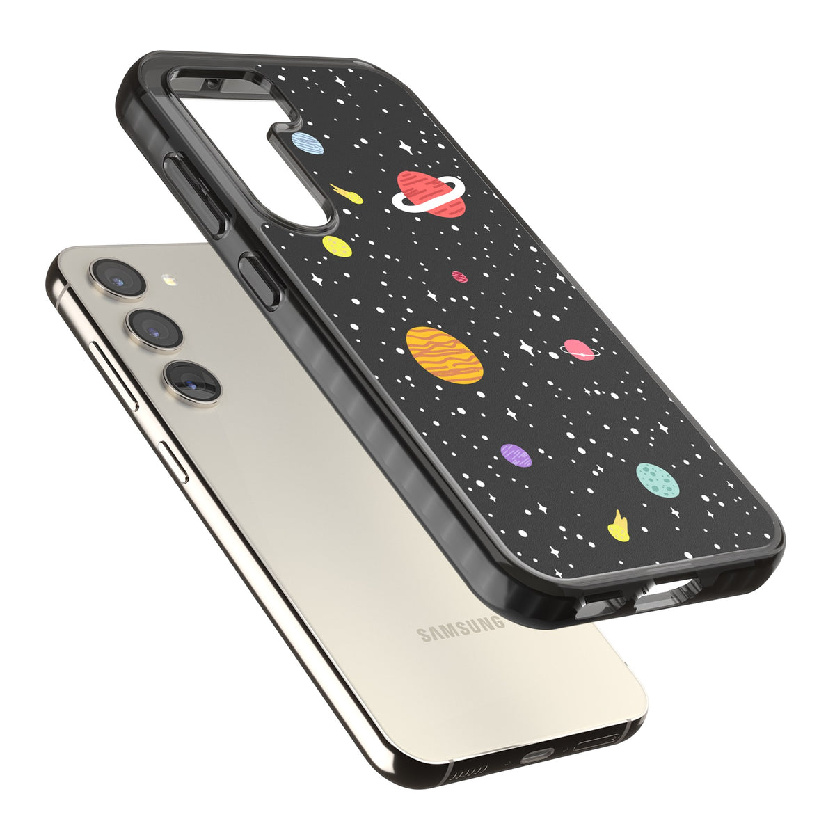 Cute Cartoon Planets Samsung S22 / Samsung S22 Plus / Samsung S23 / Samsung S23 Plus / Samsung S24 / Samsung S24 Plus Impact Black Phone Case angled