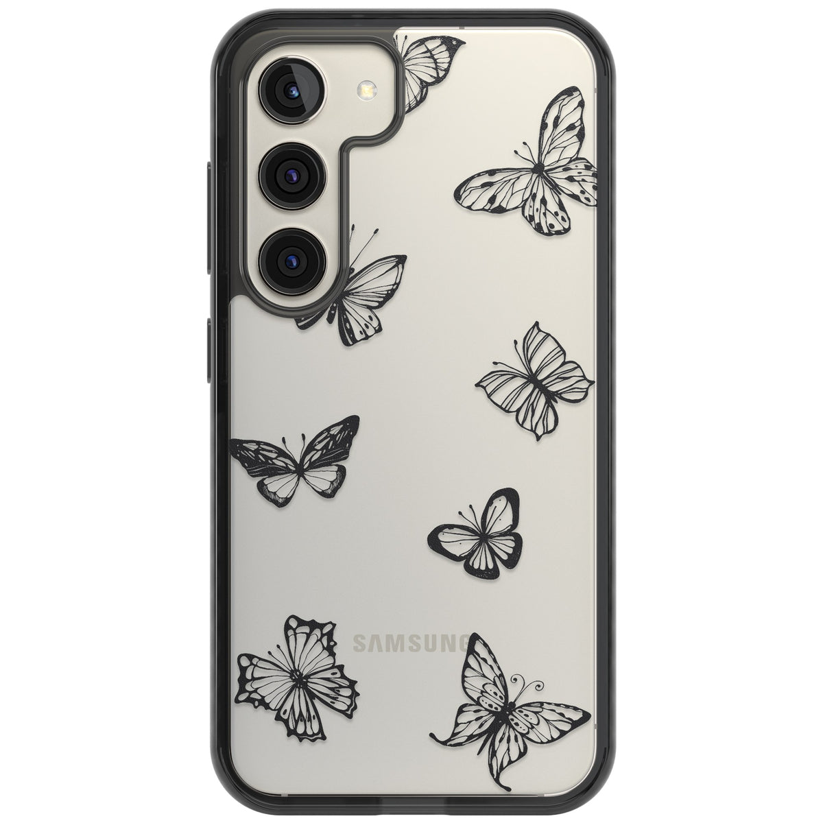 Grey Butterfly Line Pattern Samsung S22 / Samsung S22 Plus / Samsung S23 / Samsung S23 Plus / Samsung S24 / Samsung S24 Plus Impact Black Phone Case front