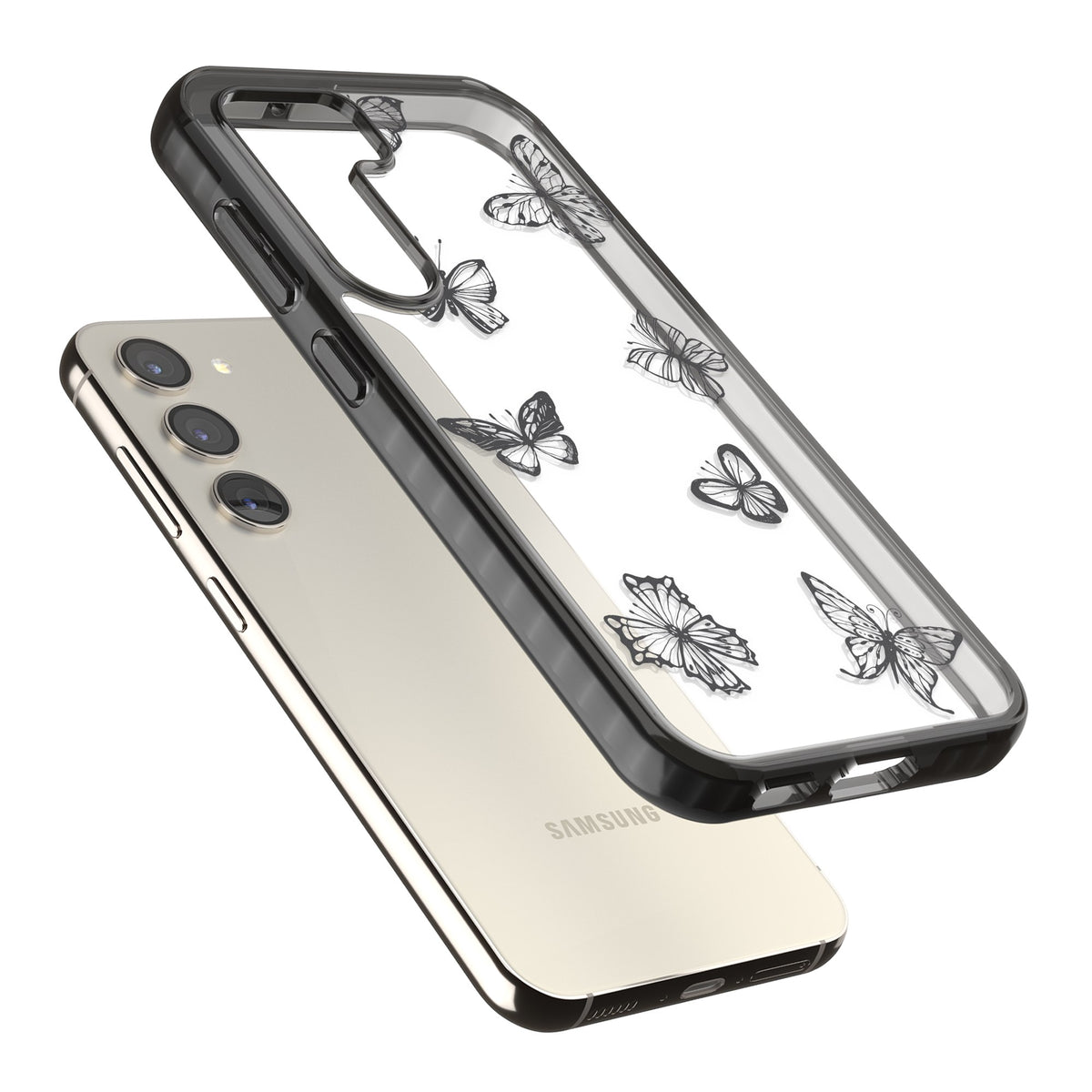 Grey Butterfly Line Pattern Samsung S22 / Samsung S22 Plus / Samsung S23 / Samsung S23 Plus / Samsung S24 / Samsung S24 Plus Impact Black Phone Case angled
