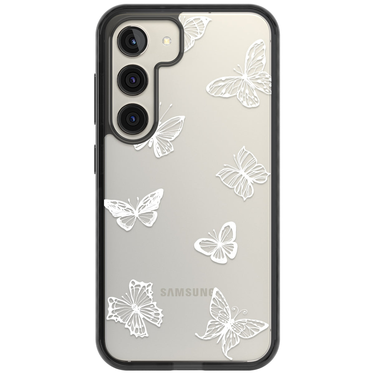 White Butterfly Line Pattern Samsung S22 / Samsung S22 Plus / Samsung S23 / Samsung S23 Plus / Samsung S24 / Samsung S24 Plus Impact Black Phone Case front