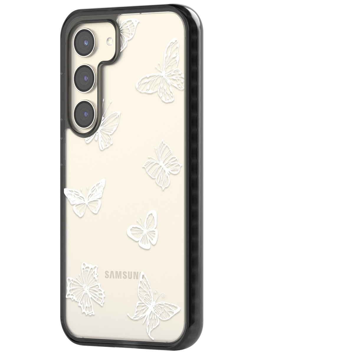 White Butterfly Line Pattern Samsung S22 / Samsung S22 Plus / Samsung S23 / Samsung S23 Plus / Samsung S24 / Samsung S24 Plus Impact Black Phone Case side