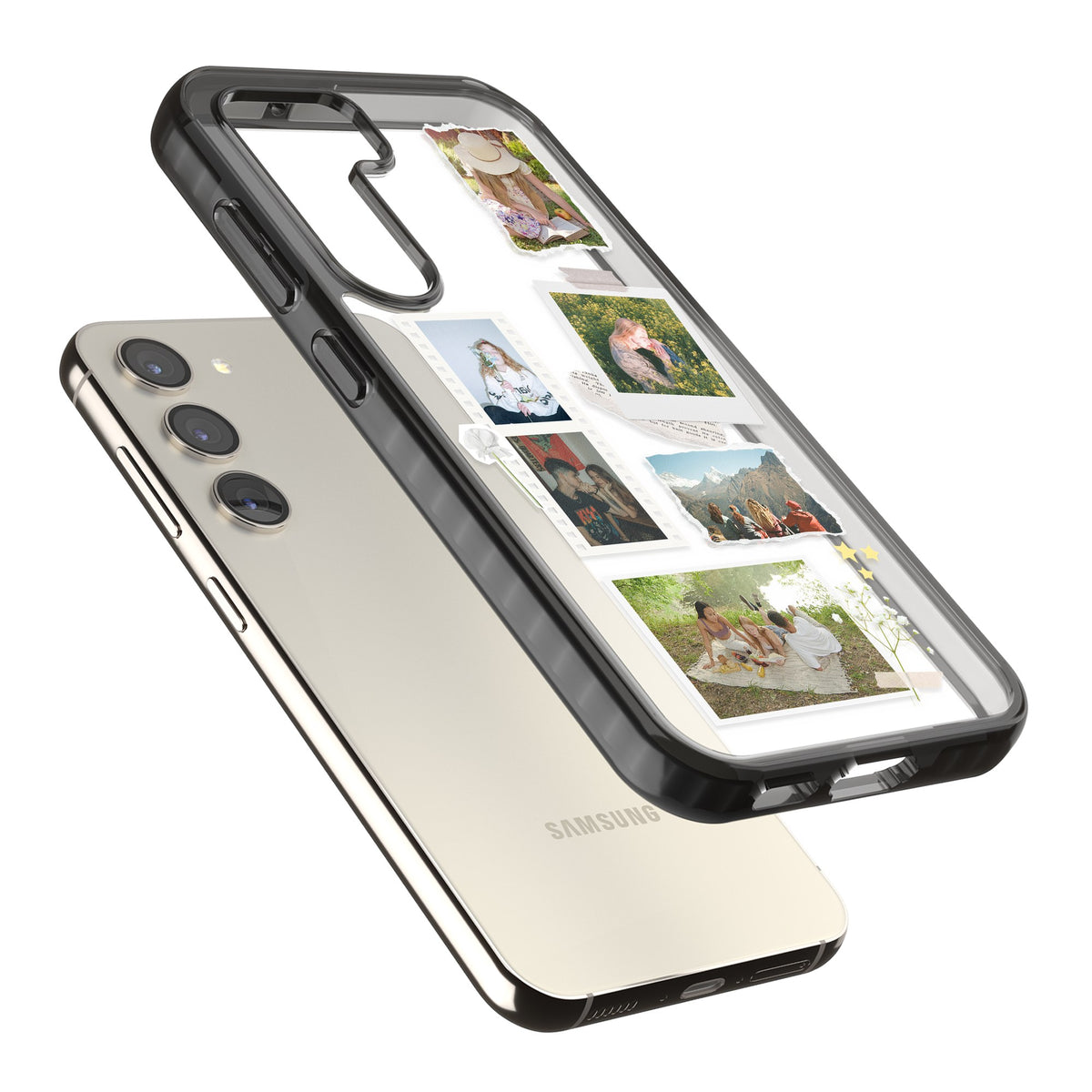 Personalised Scrapbook Instant Photos Samsung S22 / Samsung S22 Plus / Samsung S23 / Samsung S23 Plus / Samsung S24 / Samsung S24 Plus Impact Black Phone Case angled