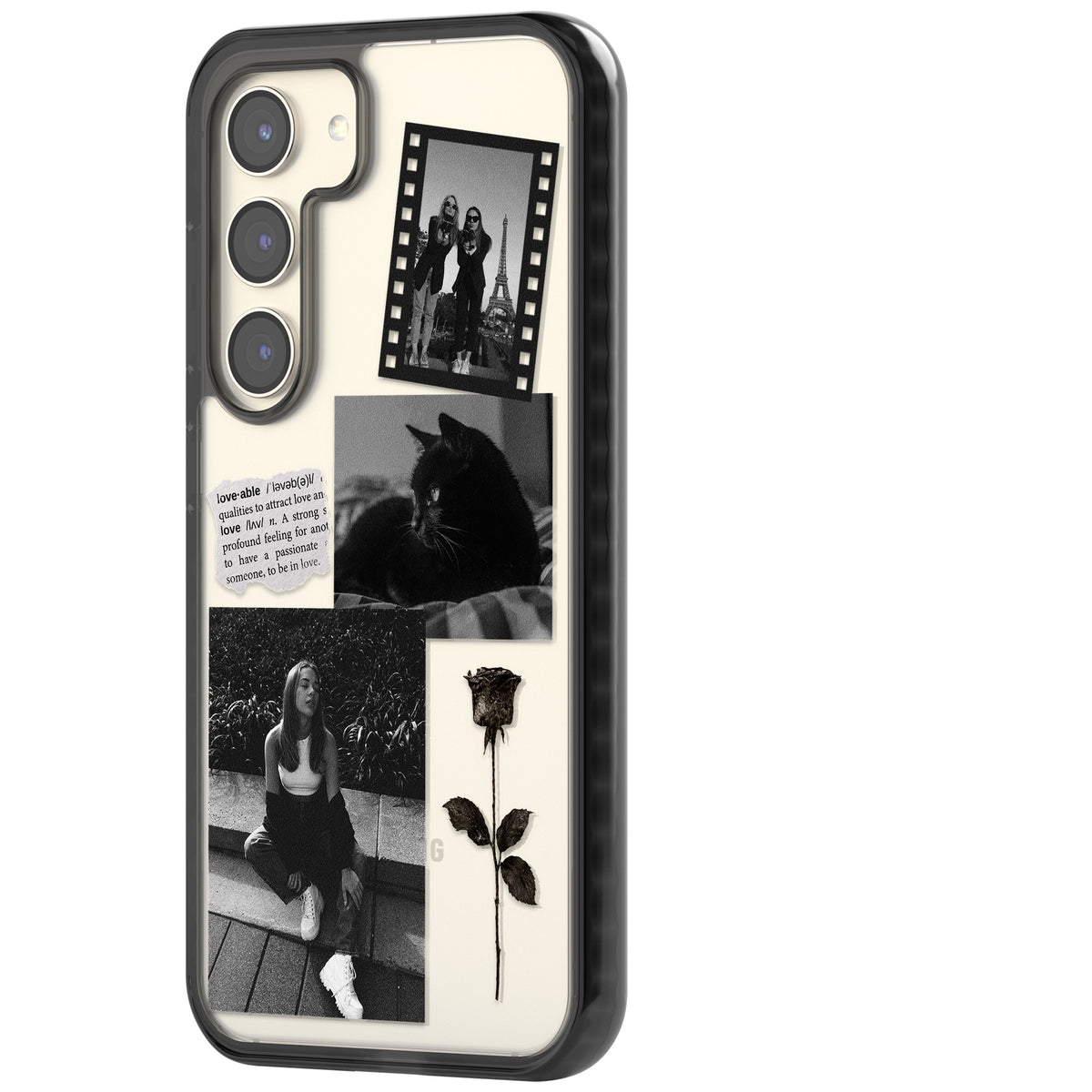 Personalised Black & White Scrapbook Photos Samsung S22 / Samsung S22 Plus / Samsung S23 / Samsung S23 Plus / Samsung S24 / Samsung S24 Plus Impact Black Phone Case side
