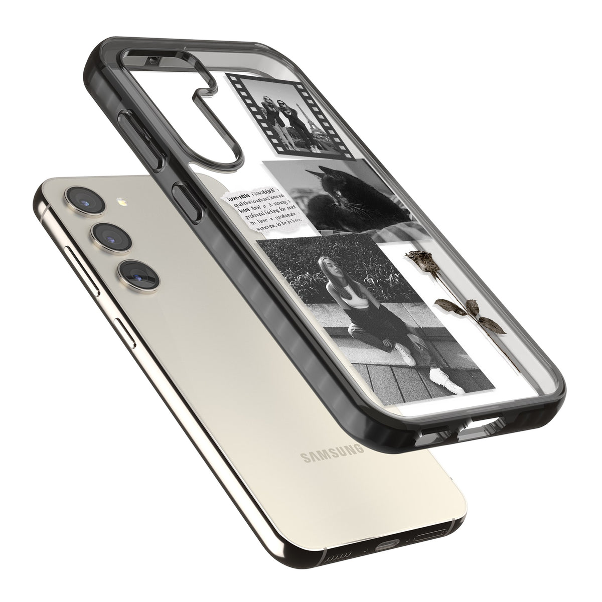 Personalised Black & White Scrapbook Photos Samsung S22 / Samsung S22 Plus / Samsung S23 / Samsung S23 Plus / Samsung S24 / Samsung S24 Plus Impact Black Phone Case angled
