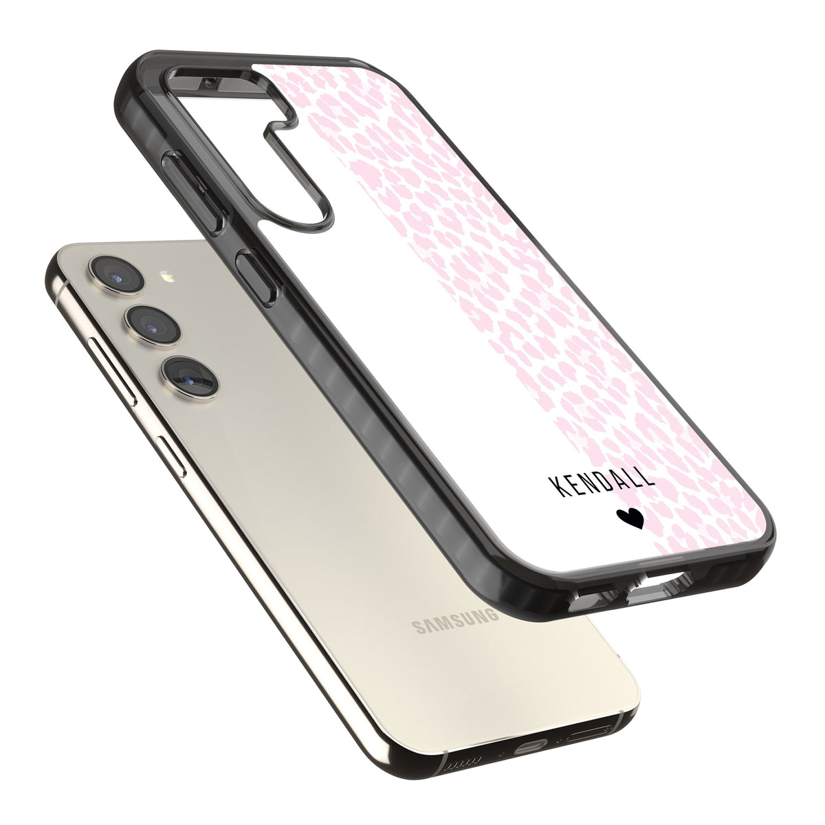 Personalised Pink Leopard Samsung S22 / Samsung S22 Plus / Samsung S23 / Samsung S23 Plus / Samsung S24 / Samsung S24 Plus Impact Black Phone Case angled