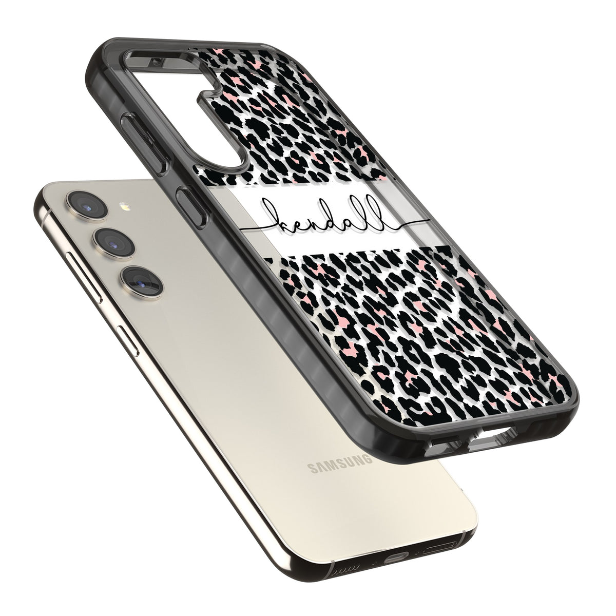 Personalised Tatty Leopard Samsung S22 / Samsung S22 Plus / Samsung S23 / Samsung S23 Plus / Samsung S24 / Samsung S24 Plus Impact Black Phone Case angled