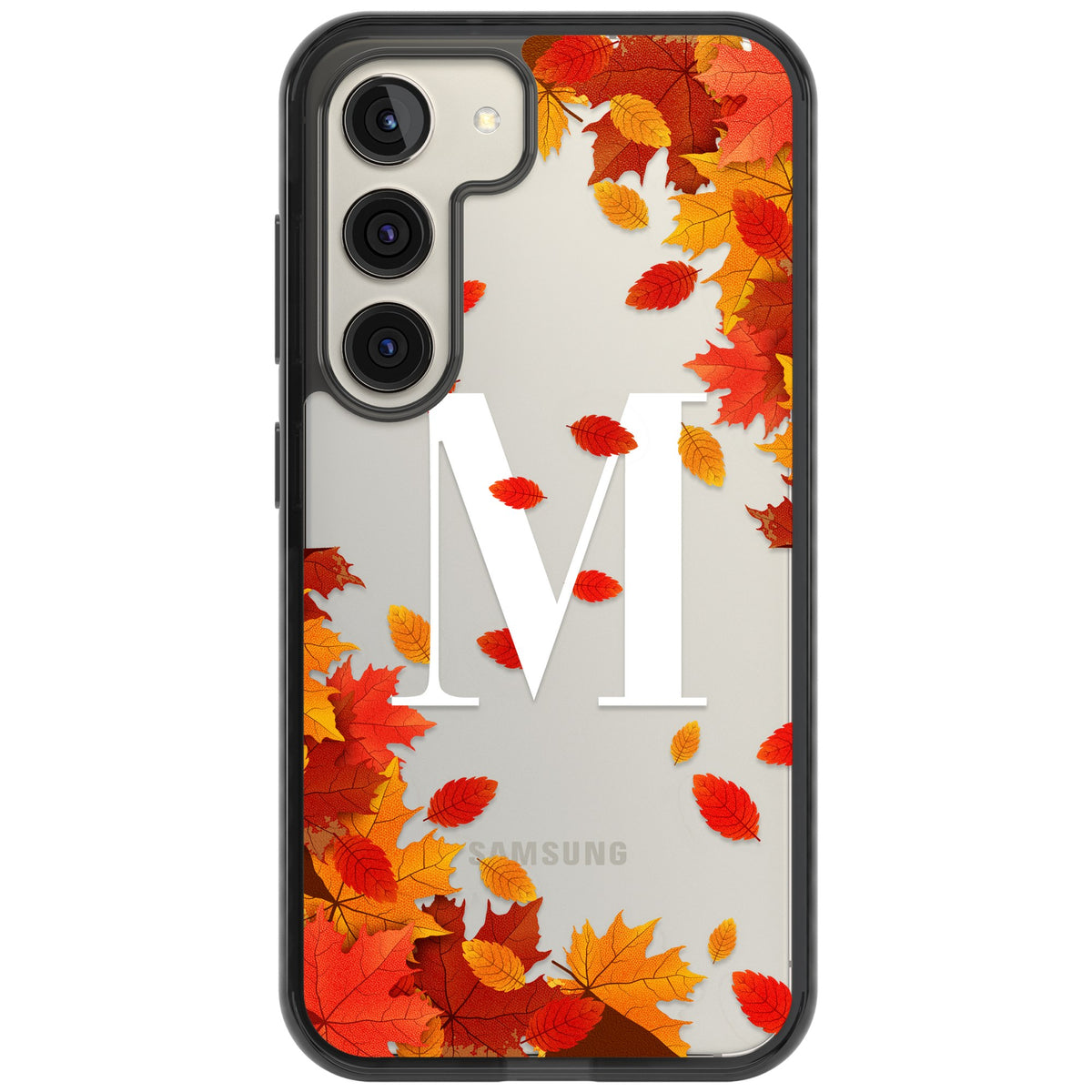 Personalised Autumn Leaves Monogram Samsung S22 / Samsung S22 Plus / Samsung S23 / Samsung S23 Plus / Samsung S24 / Samsung S24 Plus Impact Black Phone Case front