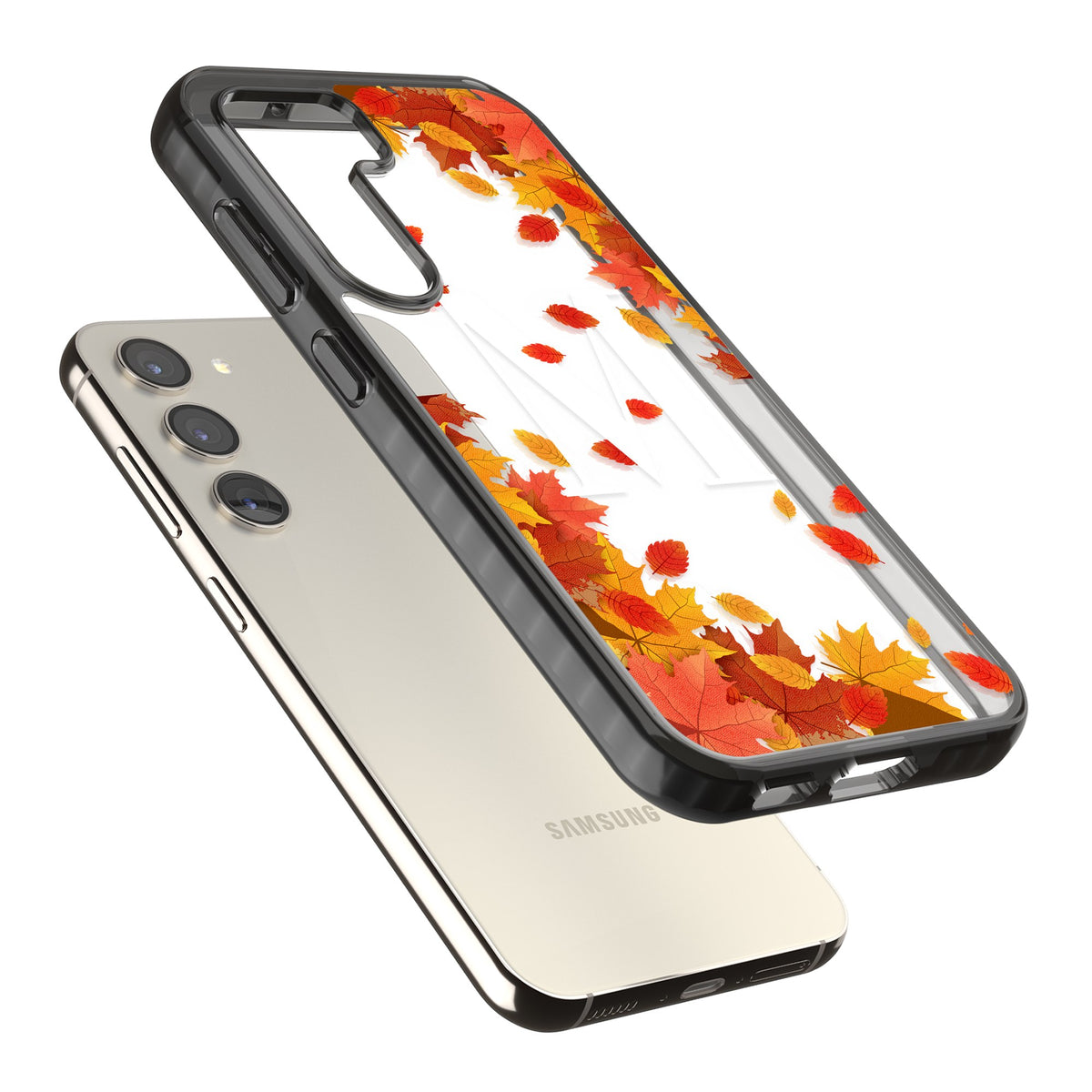 Personalised Autumn Leaves Monogram Samsung S22 / Samsung S22 Plus / Samsung S23 / Samsung S23 Plus / Samsung S24 / Samsung S24 Plus Impact Black Phone Case angled
