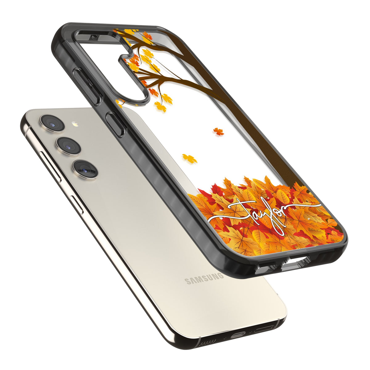 Personalised Autumn Leaves Samsung S22 / Samsung S22 Plus / Samsung S23 / Samsung S23 Plus / Samsung S24 / Samsung S24 Plus Impact Black Phone Case angled
