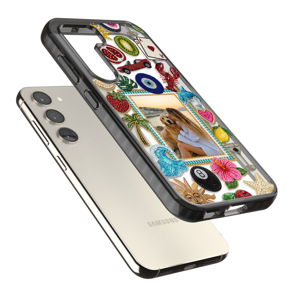Personalised Beaded Photo Samsung S22 / Samsung S22 Plus / Samsung S23 / Samsung S23 Plus / Samsung S24 / Samsung S24 Plus Impact Black Phone Case angled