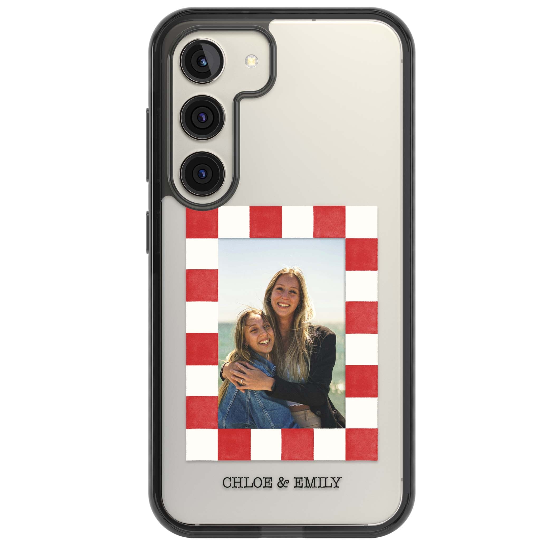 Red Check Photo personalised photo iPhone case with red and white checkered polaroid frame and custom couple name | Black Impact case for Samsung Galaxy S24, Samsung Galaxy S23, Samsung Galaxy S22