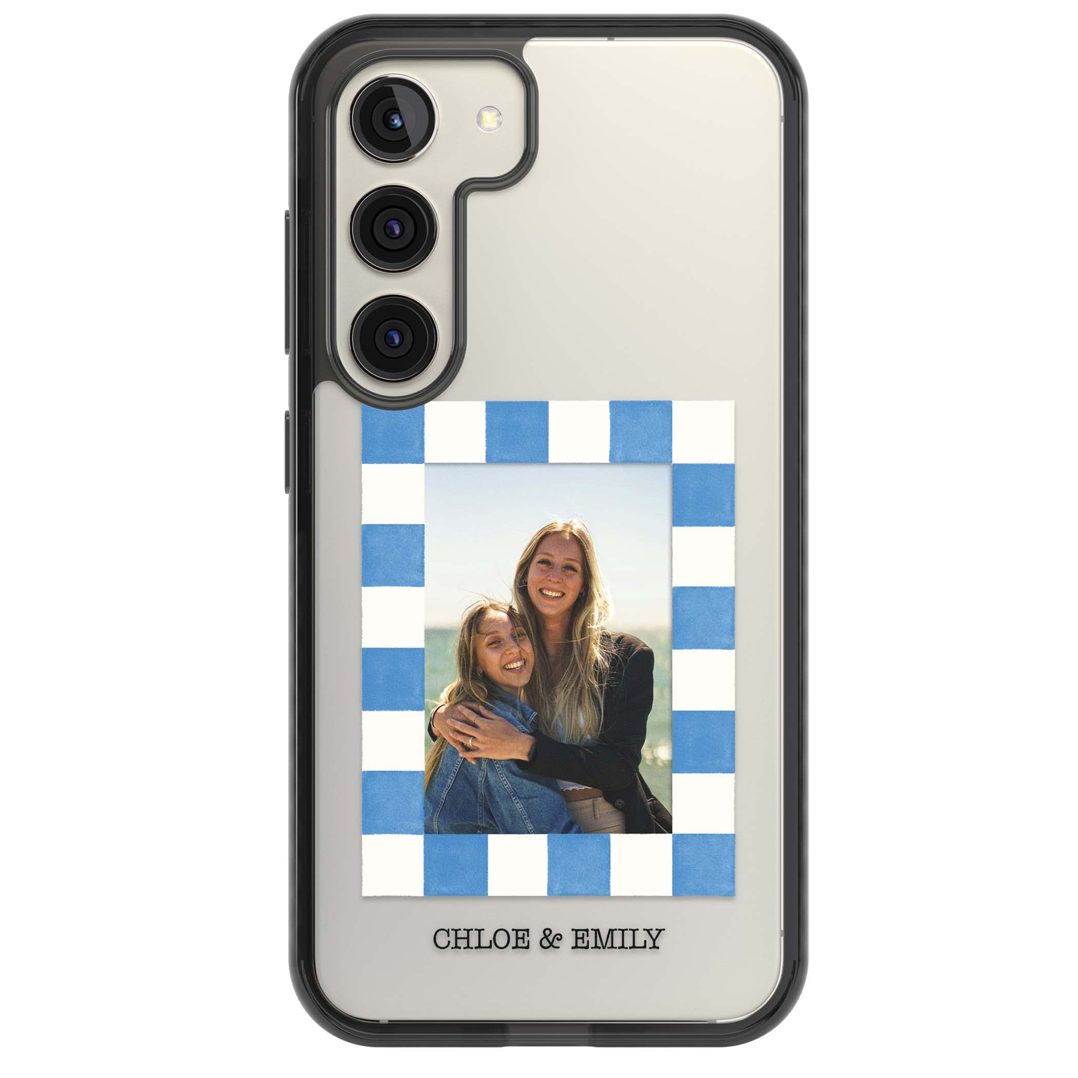 Blue Check Photo personalised photo iPhone case with blue checkered frame and custom couple names | Black Impact case for Samsung Galaxy S24, Samsung Galaxy S23, Samsung Galaxy S22