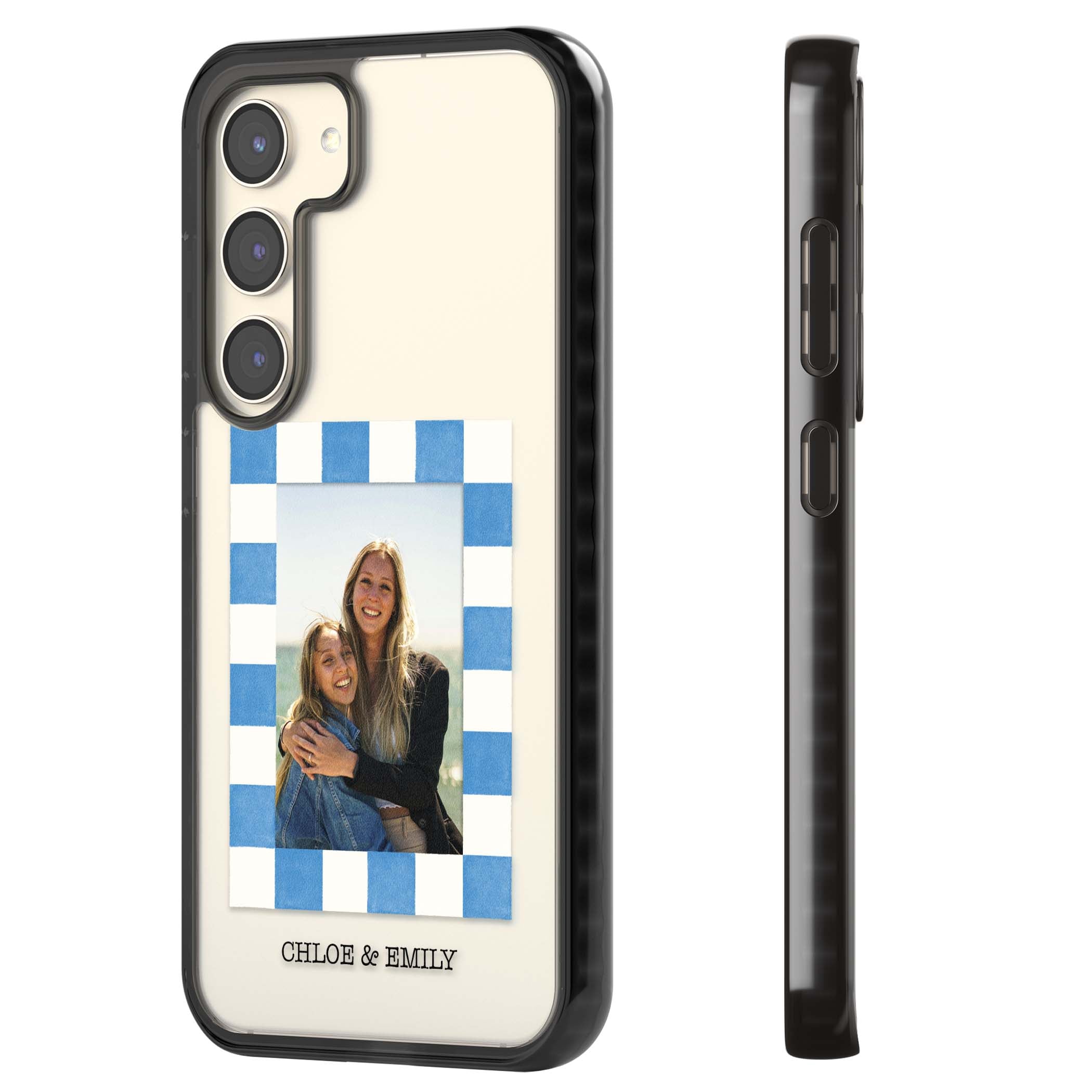 Blue Check Photo personalised photo iPhone case with blue checkered frame and custom couple names | Black Impact case for Samsung Galaxy S24, Samsung Galaxy S23, Samsung Galaxy S22